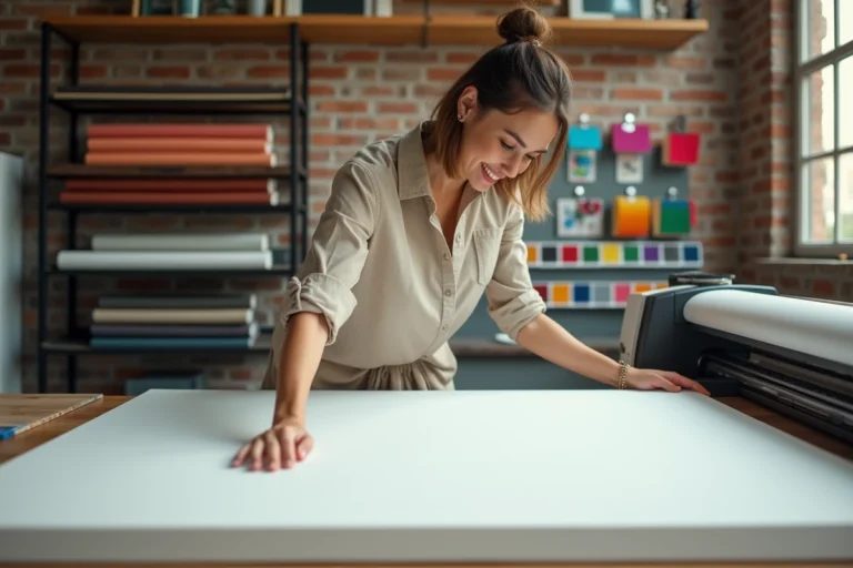 Professionnelle créative inspectant une impression personnalisée sur toile dans un atelier de design moderne