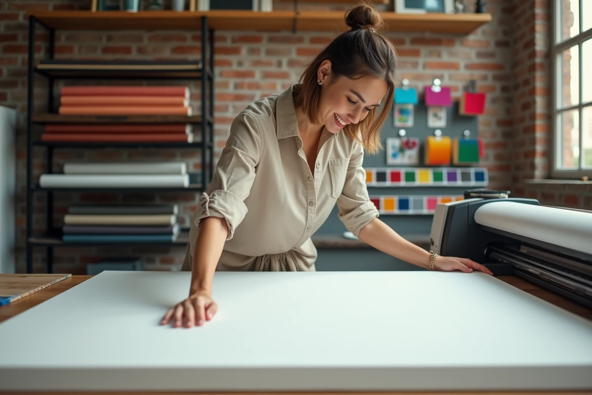Professionnelle créative inspectant une impression personnalisée sur toile dans un atelier de design moderne
