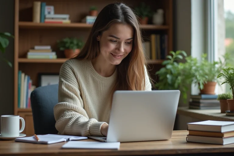 Jeune femme au bureau avec ordinateur portable et livres de programmation