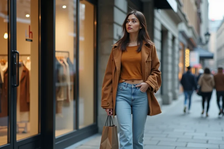 Jeune femme en streetwear devant une boutique moderne