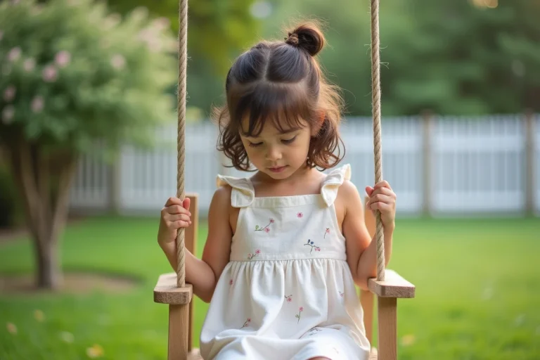 Jeune fille assise sur une balançoire dans un jardin paisible