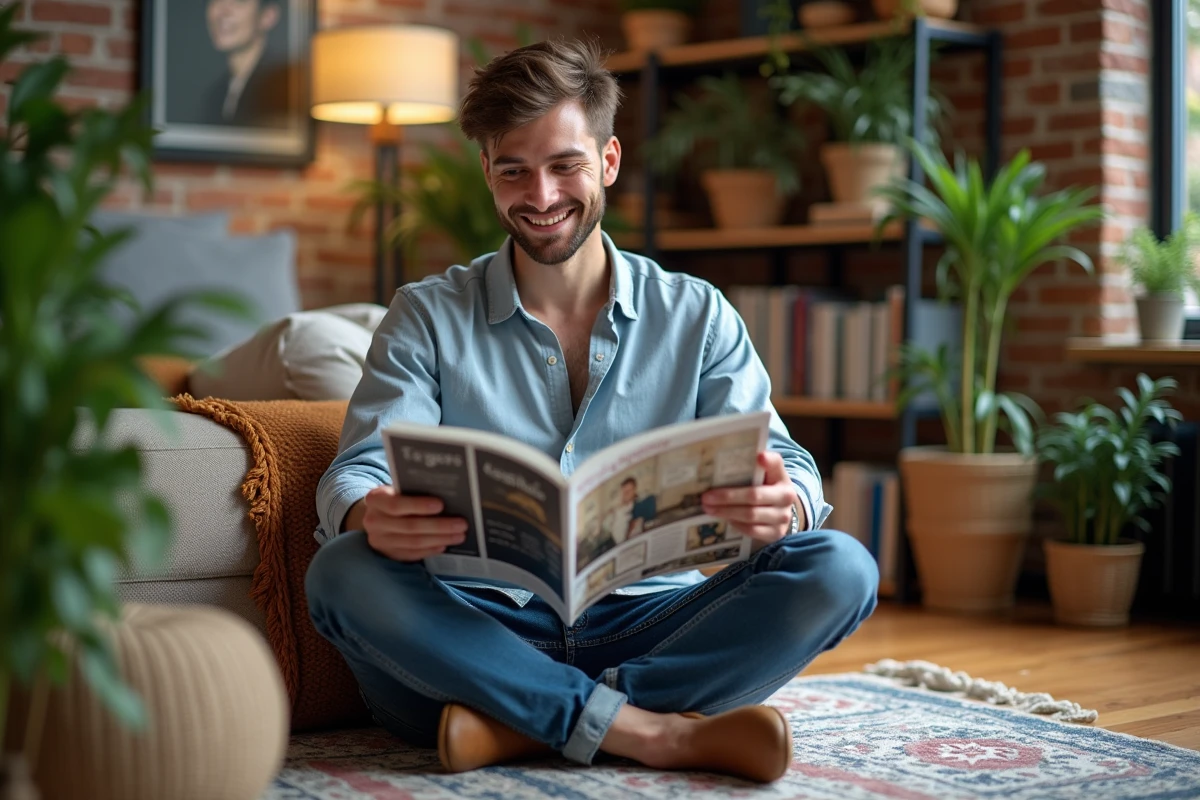 Jeune homme lisant dans un coin lecture éclectique et cosy