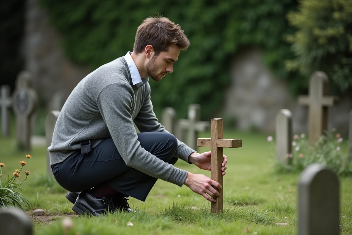 Jeune homme ajustant une croix en bois sur une tombe