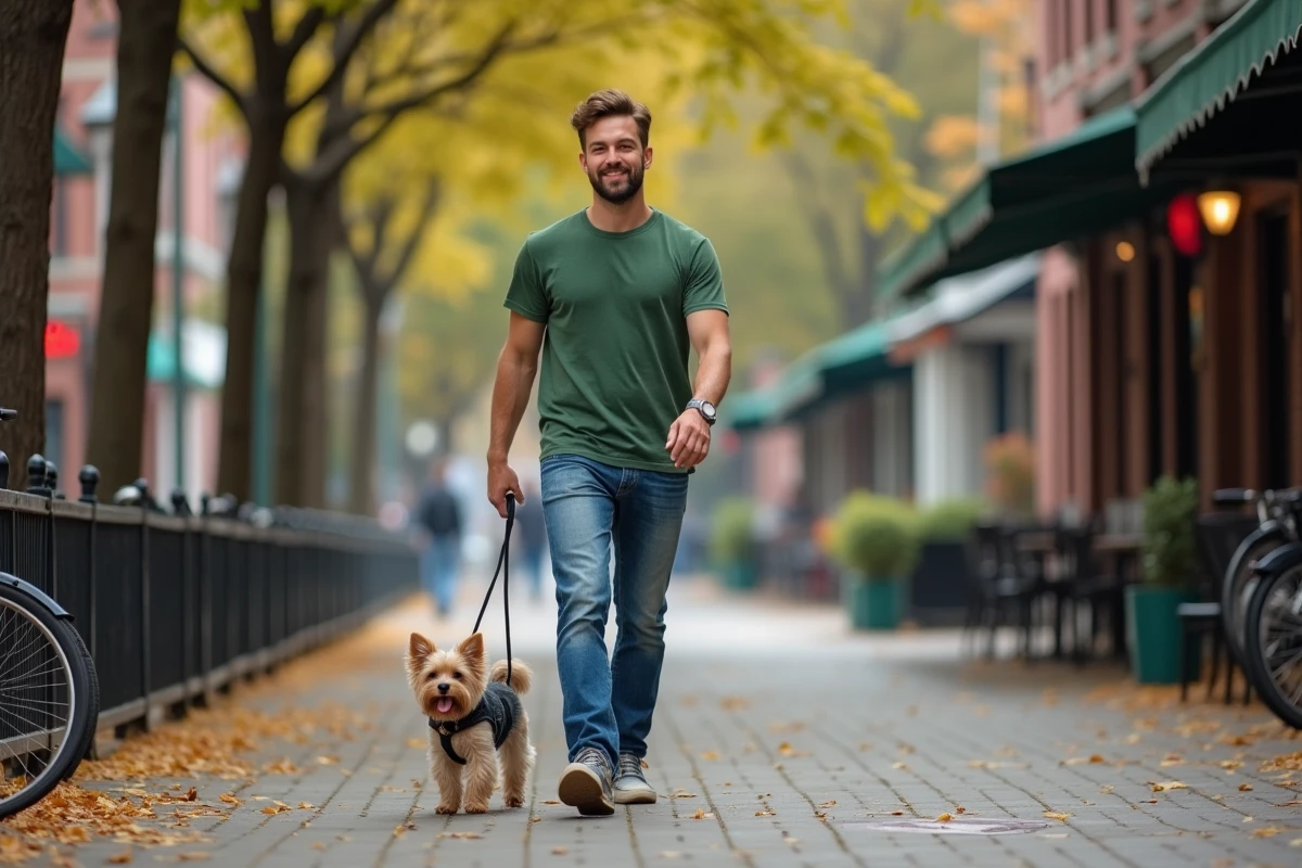 Jeune homme marchant avec un petit chien en ville