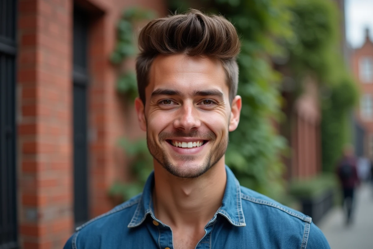 Jeune homme souriant avec coiffure moderne en extérieur urbain