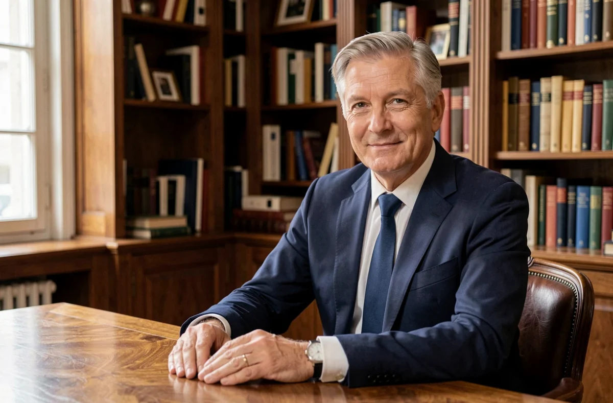Portrait d'un homme élégant aux cheveux argentés en costume marine, assis dans un bureau parisien raffiné, évoquant la vie privée d'un journaliste de renom