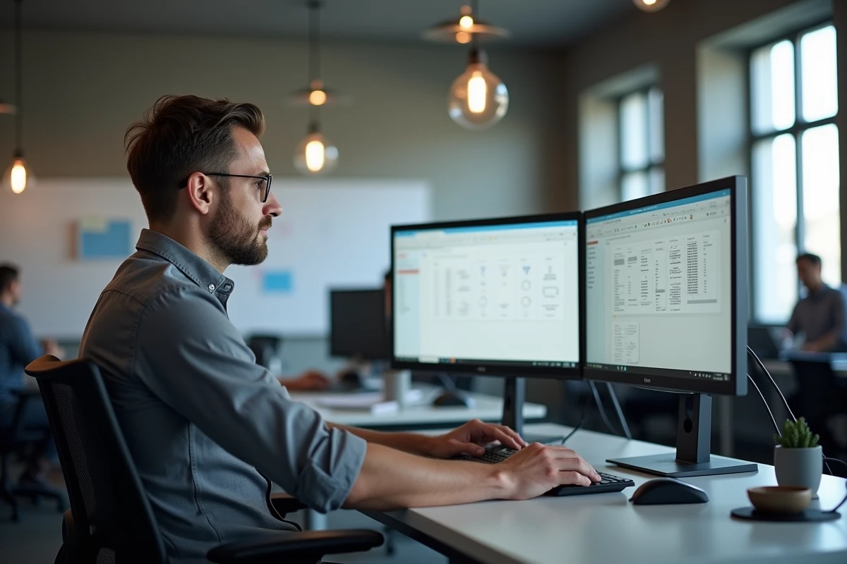 Homme utilisant un logiciel de gestion documentaire sur double écran dans un bureau en open space avec environnement de travail moderne