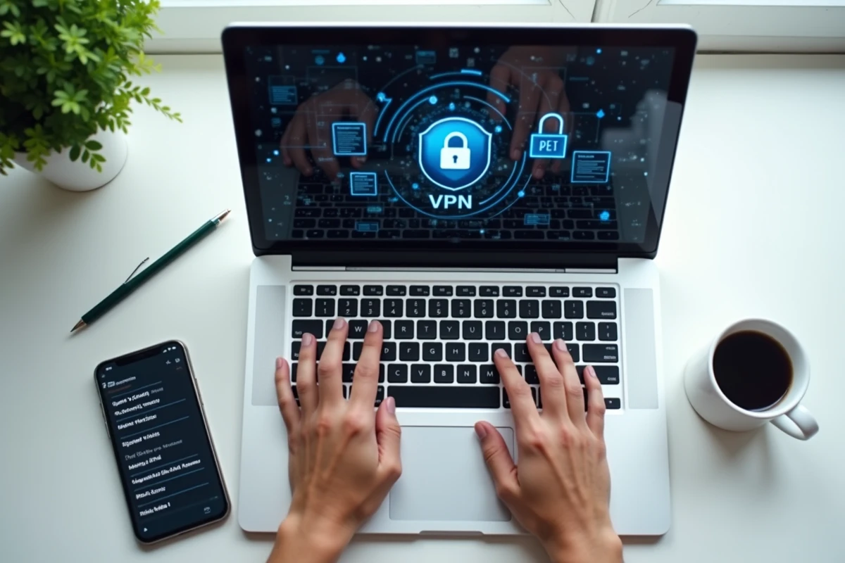 Mains tapant sur un clavier d'ordinateur entouré d'outils de protection de la vie privée en ligne comme un VPN et un cadenas numérique