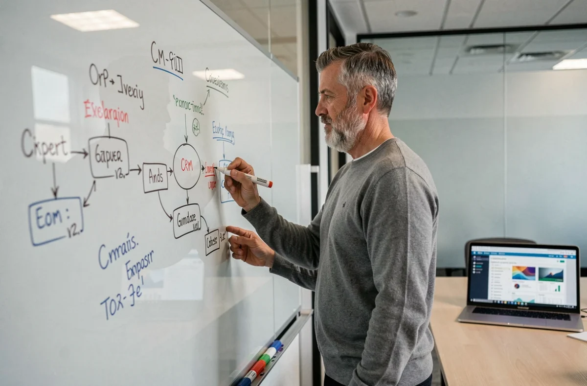 Un manager expérimenté schématisant un pipeline CRM sur un tableau blanc lors d'une réunion d'équipe