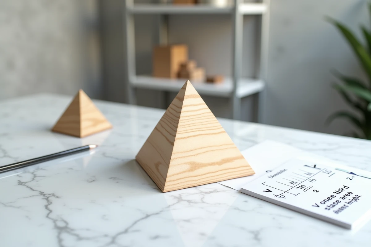 Maquette en bois d'une pyramide à base triangulaire posée sur un bureau blanc avec des formules de calcul de volume manuscrites