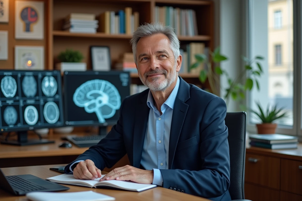 Neurochirurgien assis à son bureau devant des IRM cérébrales dans son cabinet médical à Rennes