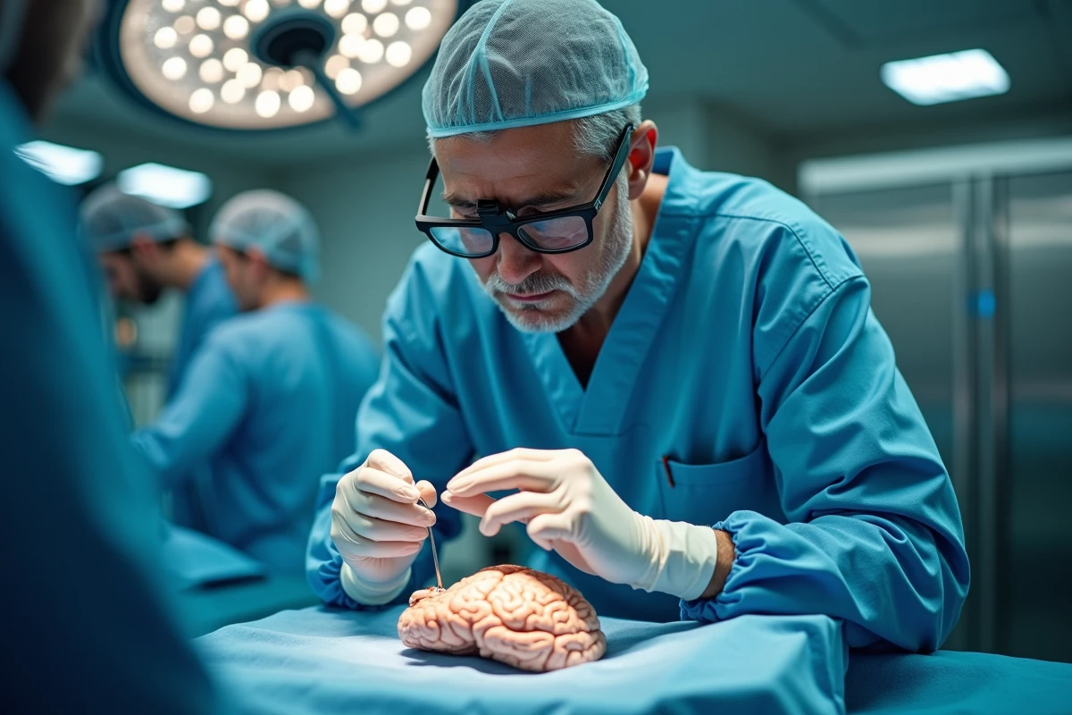 Neurochirurgien examinant un modèle anatomique du cerveau dans une salle d'opération de neurochirurgie à Rennes