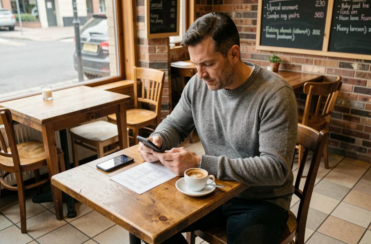 Homme photographiant un reçu de restaurant avec son smartphone pour une note de frais en déplacement
