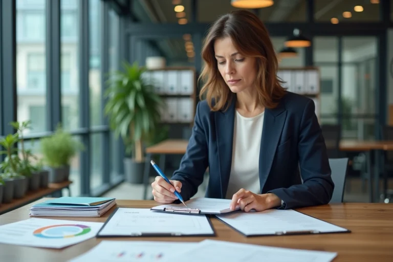 Femme professionnelle organisant des documents administratifs classés par couleur sur une table de conférence en bois dans un bureau moderne