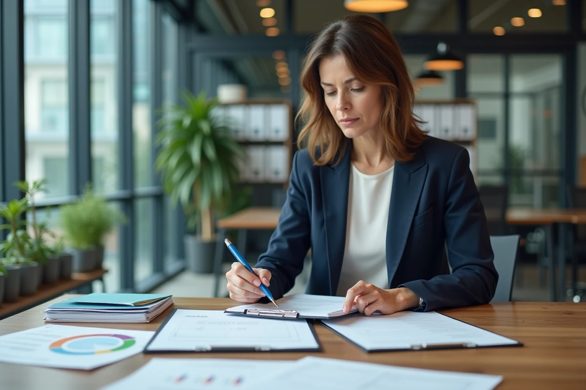 Femme professionnelle organisant des documents administratifs classés par couleur sur une table de conférence en bois dans un bureau moderne