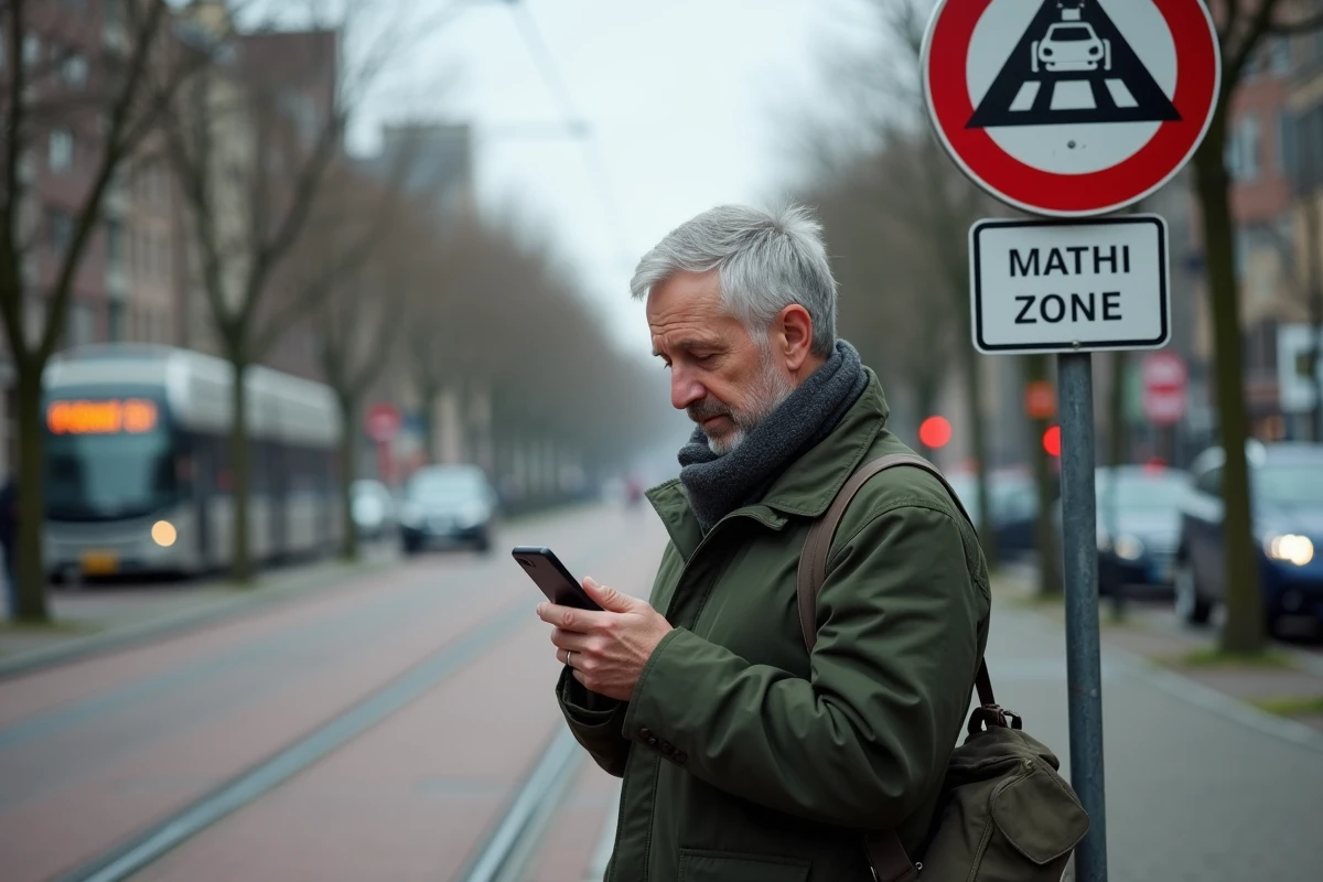 Homme consultant son téléphone devant un panneau de zone environnementale à l'entrée d'Amsterdam