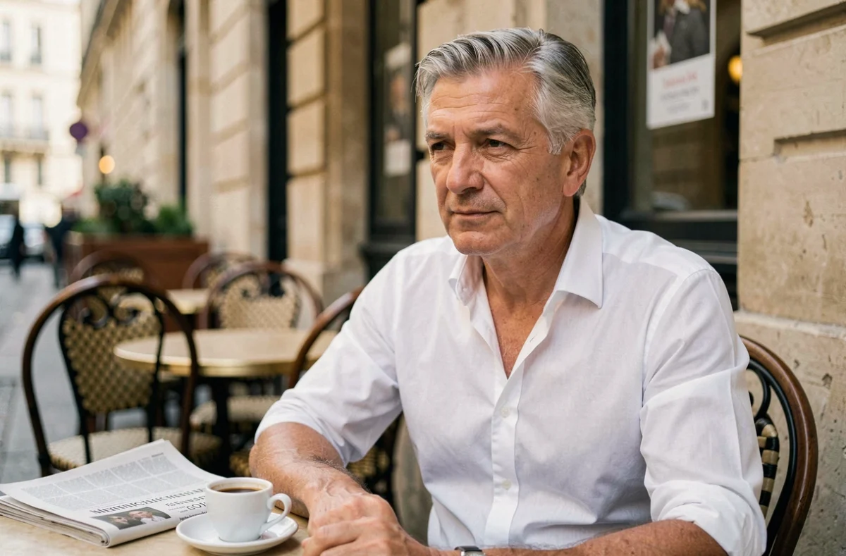 Homme aux cheveux argentés attablé à une terrasse de café parisien avec un journal, portrait intimiste illustrant la vie quotidienne et privée d'une personnalité médiatique française