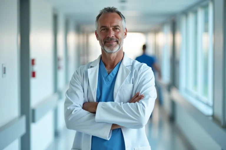 Portrait du neurochirurgien Xavier Morandi en blouse blanche dans le couloir d'un hôpital moderne à Rennes
