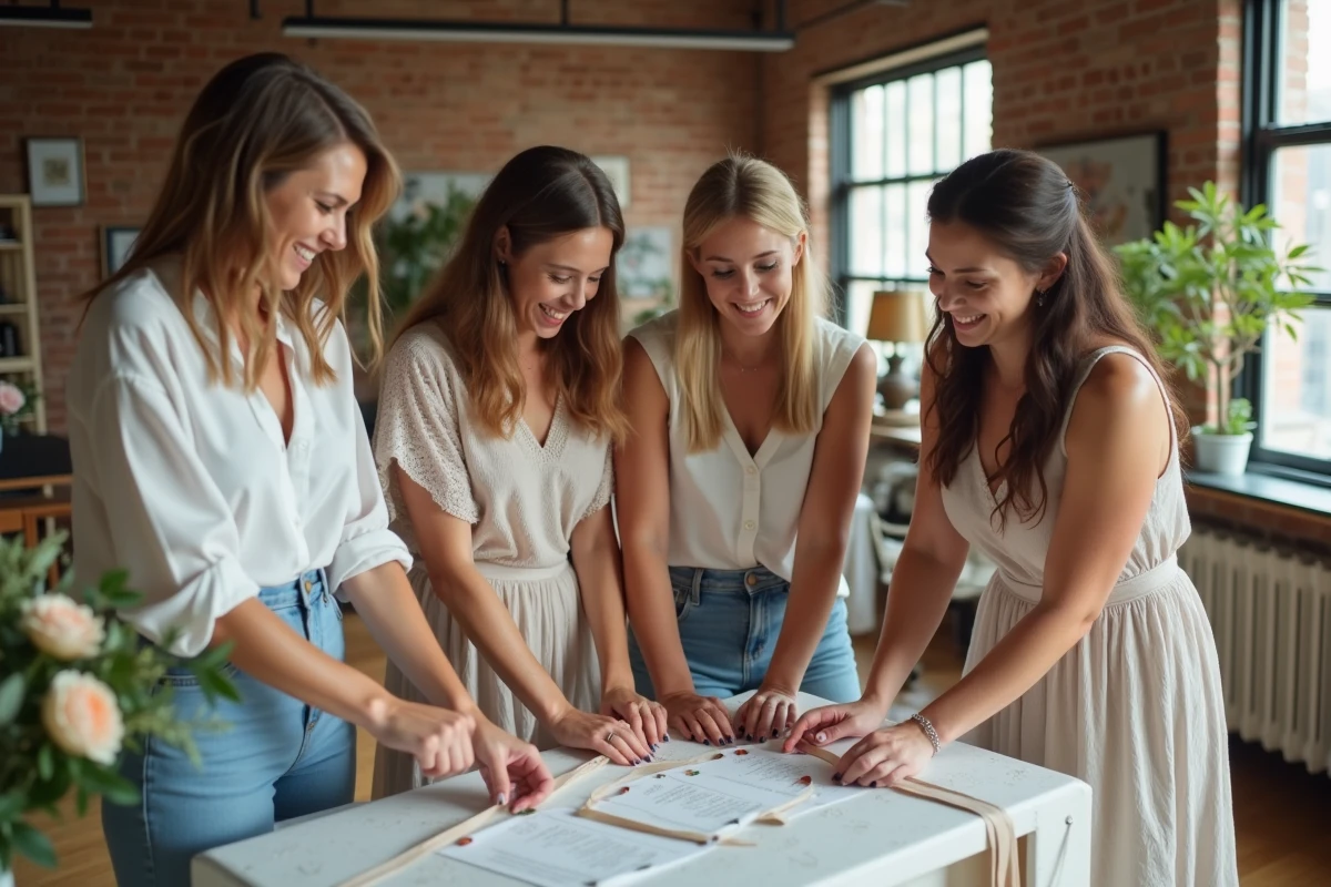 Groupe d amis préparant la décoration de mariage