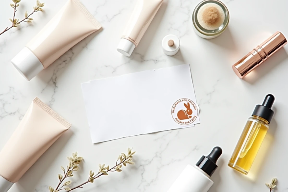 Produits cosmétiques cruelty free et certifiés sans tests sur les animaux sur fond de marbre blanc