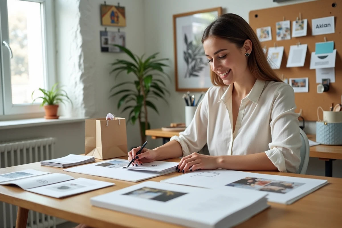 Jeune femme créative comparant des produits d'impression personnalisée incluant cartes, sacs et brochures sur son bureau