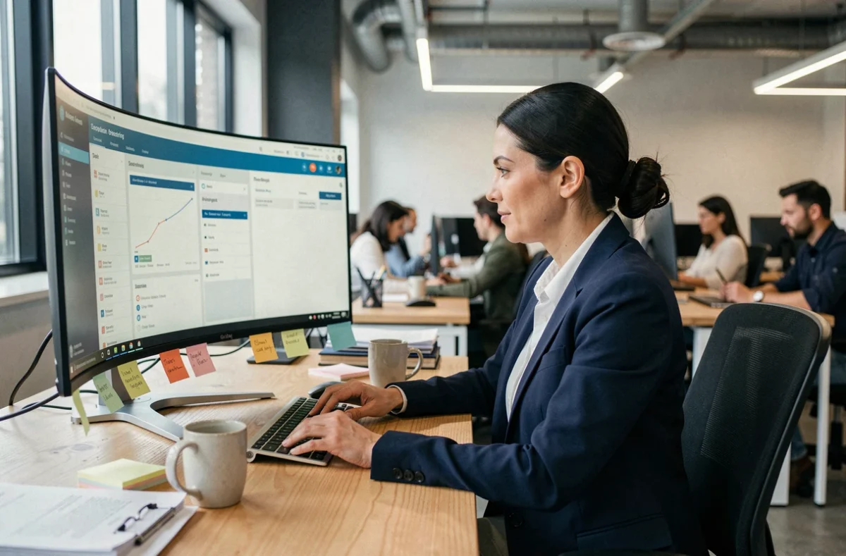 Une professionnelle analysant un tableau de bord CRM sur un grand écran dans un bureau moderne en open space