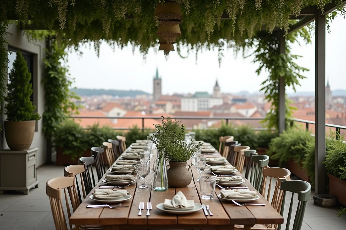 Table dressée pour un repas en plein air sur un rooftop avec pergola végétalisée et vue panoramique sur une ville européenne