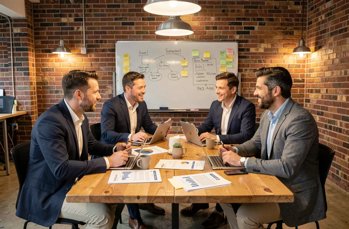 Équipe de professionnels en réunion d'affaires autour d'une table avec rapports et ordinateurs portables