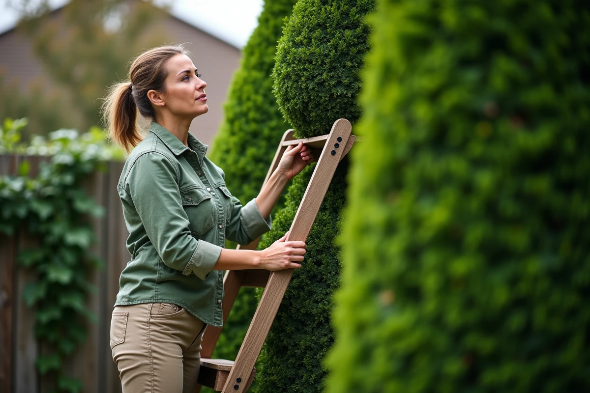 Femme sculptant une haie d'if en spirale topiaire sur un escabeau dans un jardin résidentiel