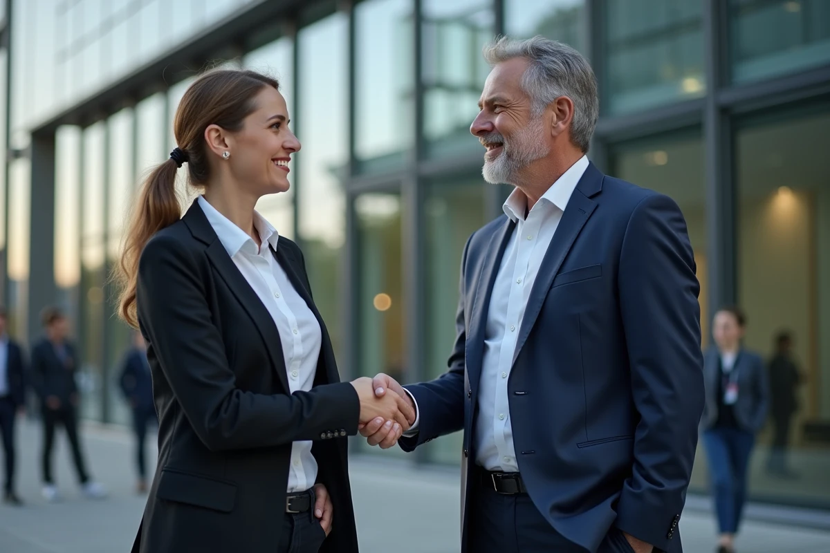 Homme et femme se serrant la main devant un bâtiment moderne
