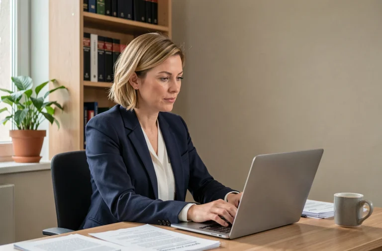Femme professionnelle consultant des services juridiques en ligne depuis son bureau à domicile