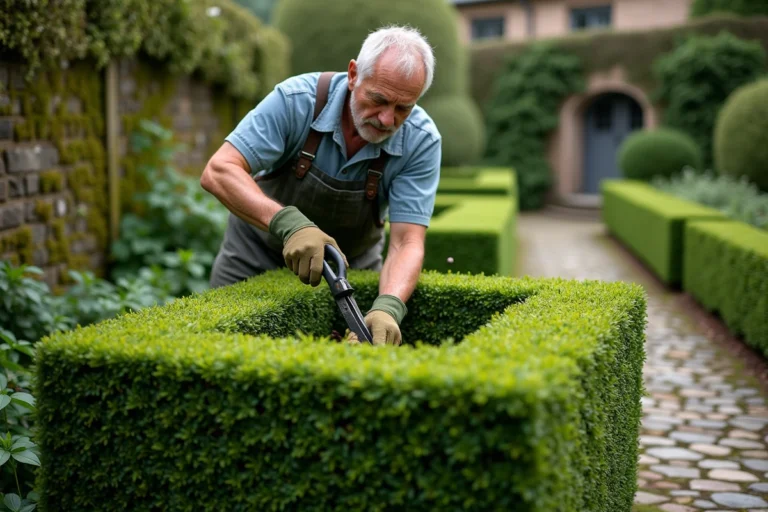Jardinier expérimenté taillant une haie de buis en forme géométrique cubique dans un jardin à l'ancienne
