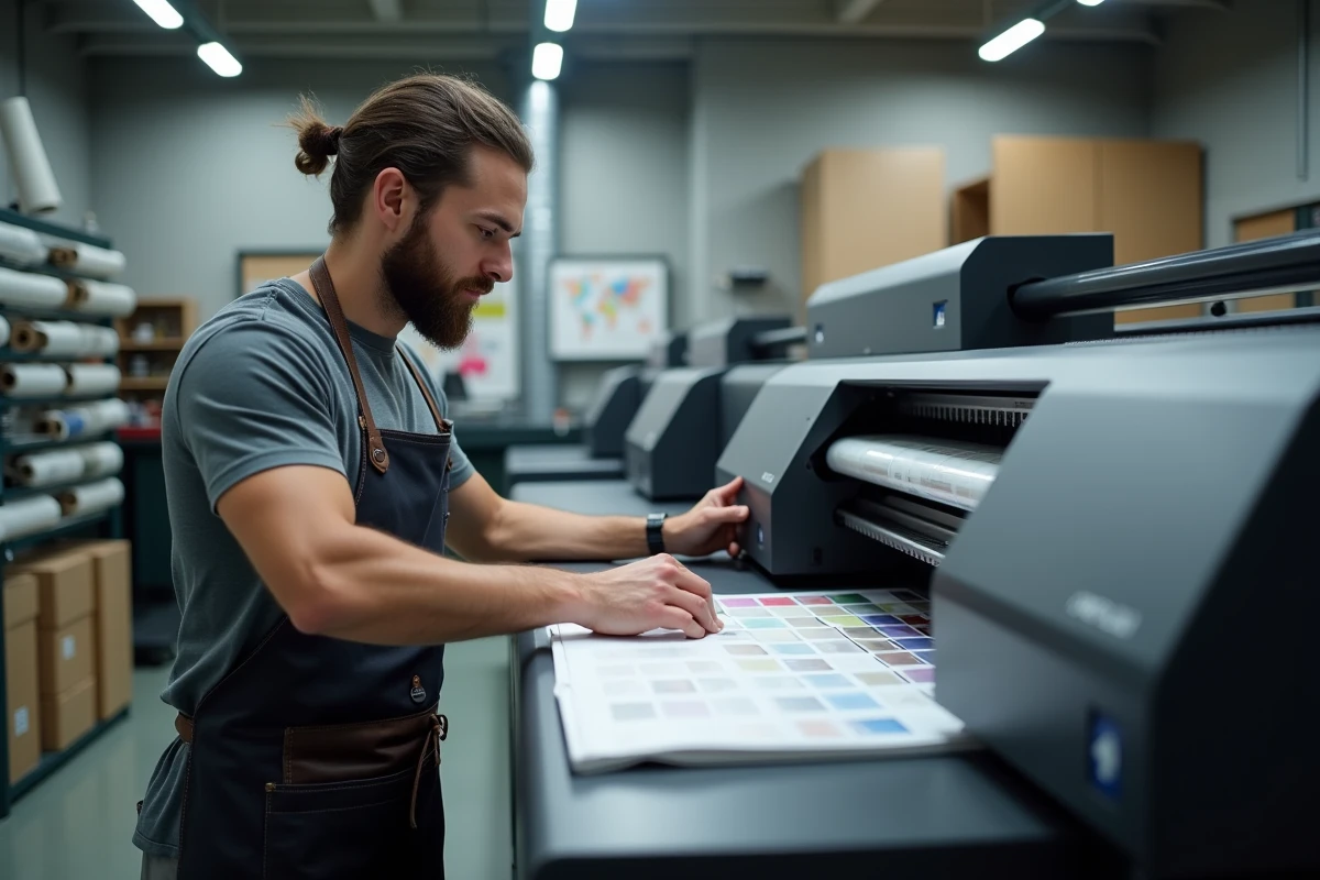 Technicien en impression grand format ajustant une imprimante professionnelle dans un atelier industriel