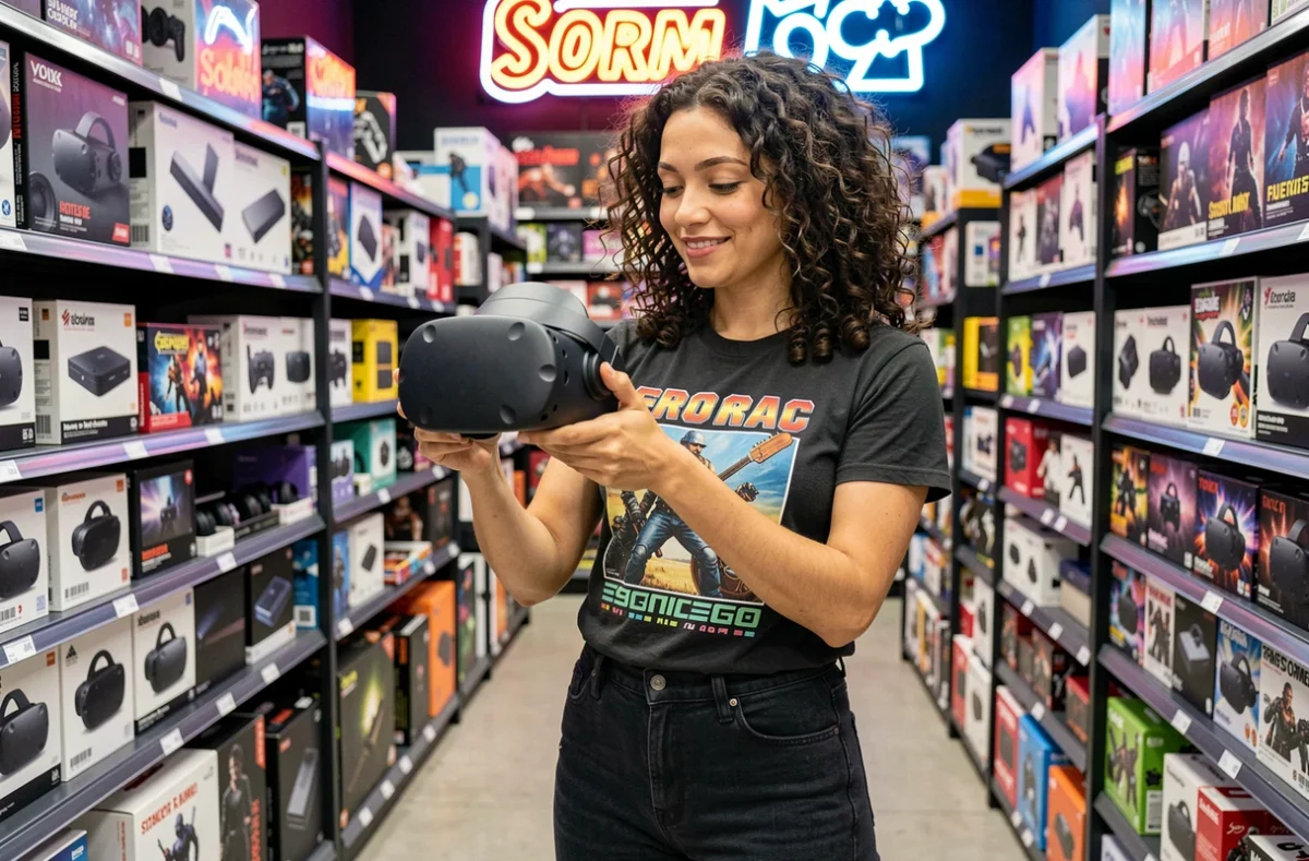 Femme découvrant un casque VR dernière génération dans une boutique de culture geek et high-tech