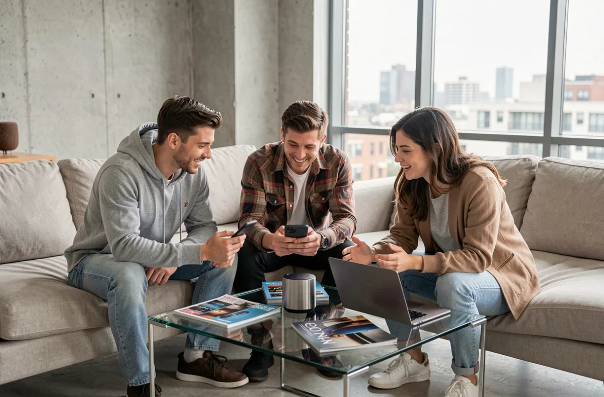 Groupe de jeunes adultes explorant les dernières tendances high-tech avec smartphone pliable et enceinte IA connectée