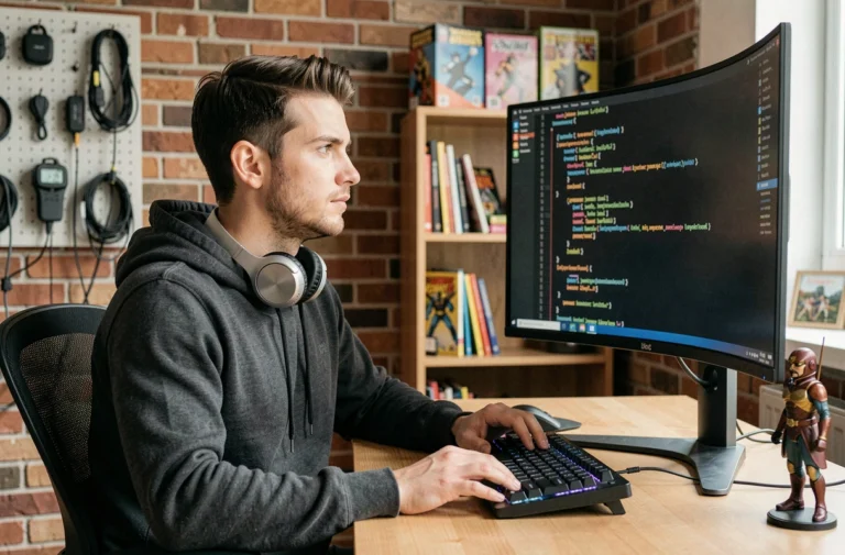 Jeune homme geek à son bureau high-tech avec clavier mécanique, écran ultra-large et figurine de collection