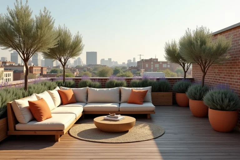 Terrasse rooftop urbaine aménagée avec canapé en bois, coussins en lin et oliviers en pot avec vue sur les toits de la ville