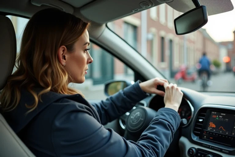 Femme collant une vignette environnementale sur le pare-brise de sa voiture à Amsterdam