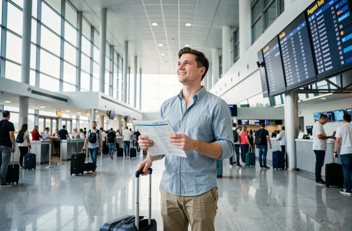 Jeune voyageur à l'aéroport tenant son itinéraire de voyage prêt à partir en séjour organisé par une agence