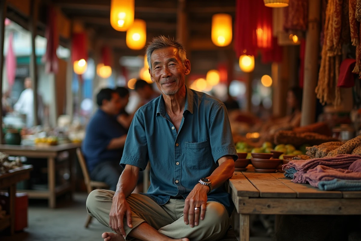 Voyageur attablé dans un marché nocturne animé à Luang Prabang au Laos entouré de textiles artisanaux et de lanternes colorées