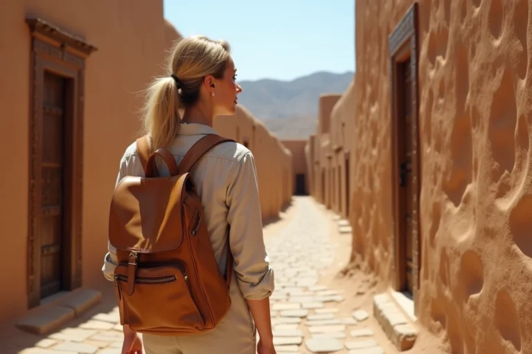 Voyageuse solitaire explorant un village désertique isolé au Maroc avec des ruelles en pierre et des murs en terre ocre